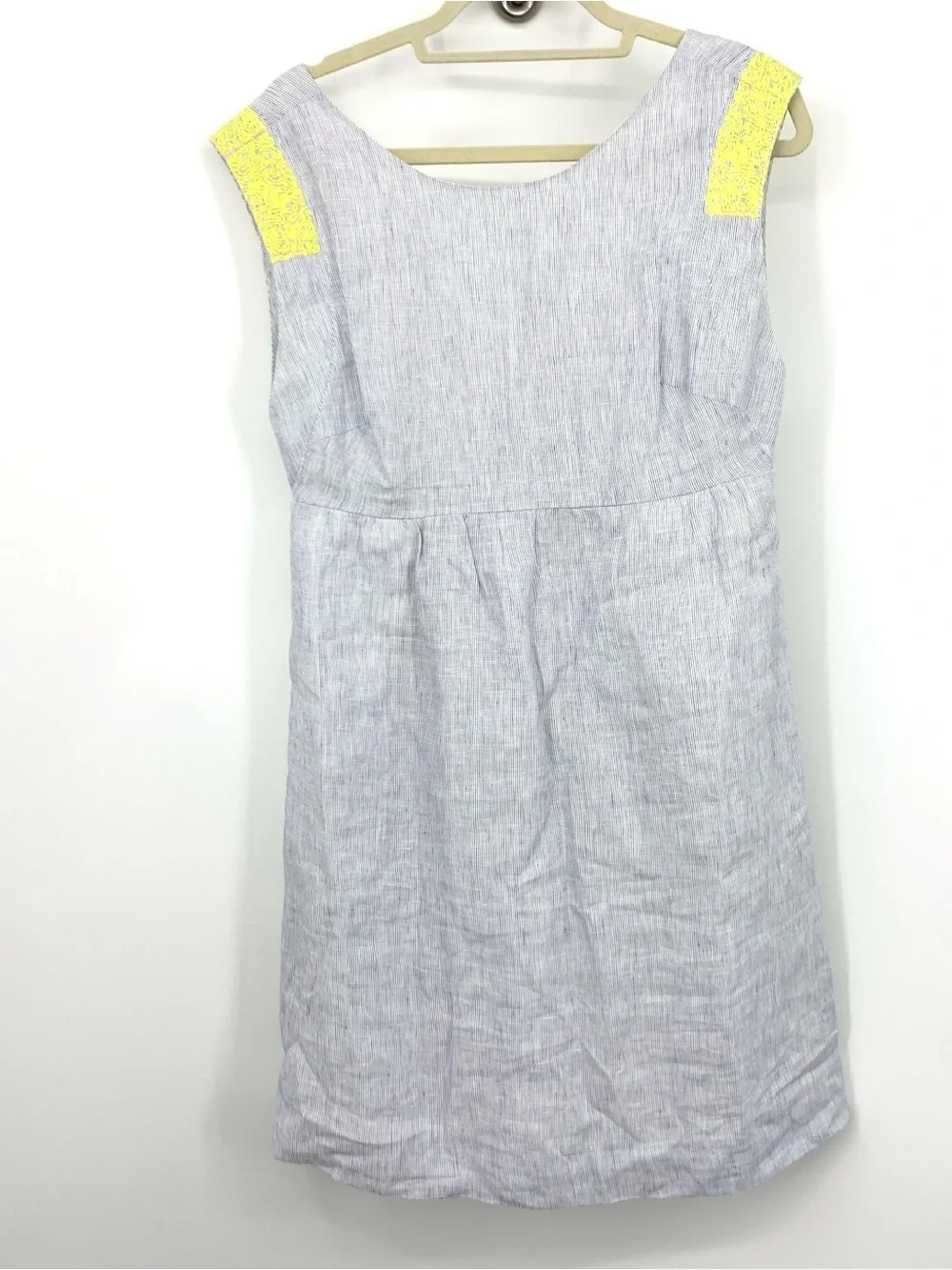 J Crew Women Size 8 Medium Dress Blue White Stripe Yellow Embroidery Tank Linen